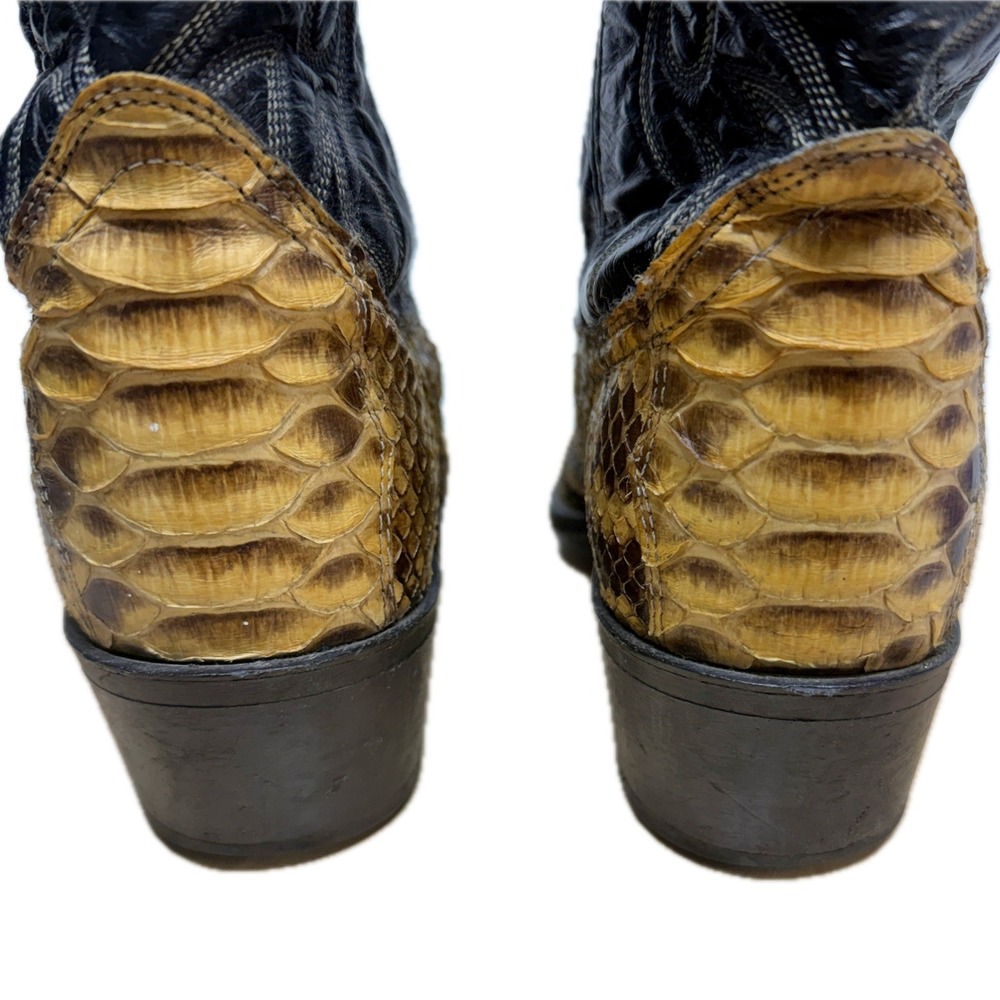 ACME Vintage Genuine Python Snakeskin Cowboy Boots Men's 9D Black Tan - Picture 4 of 14